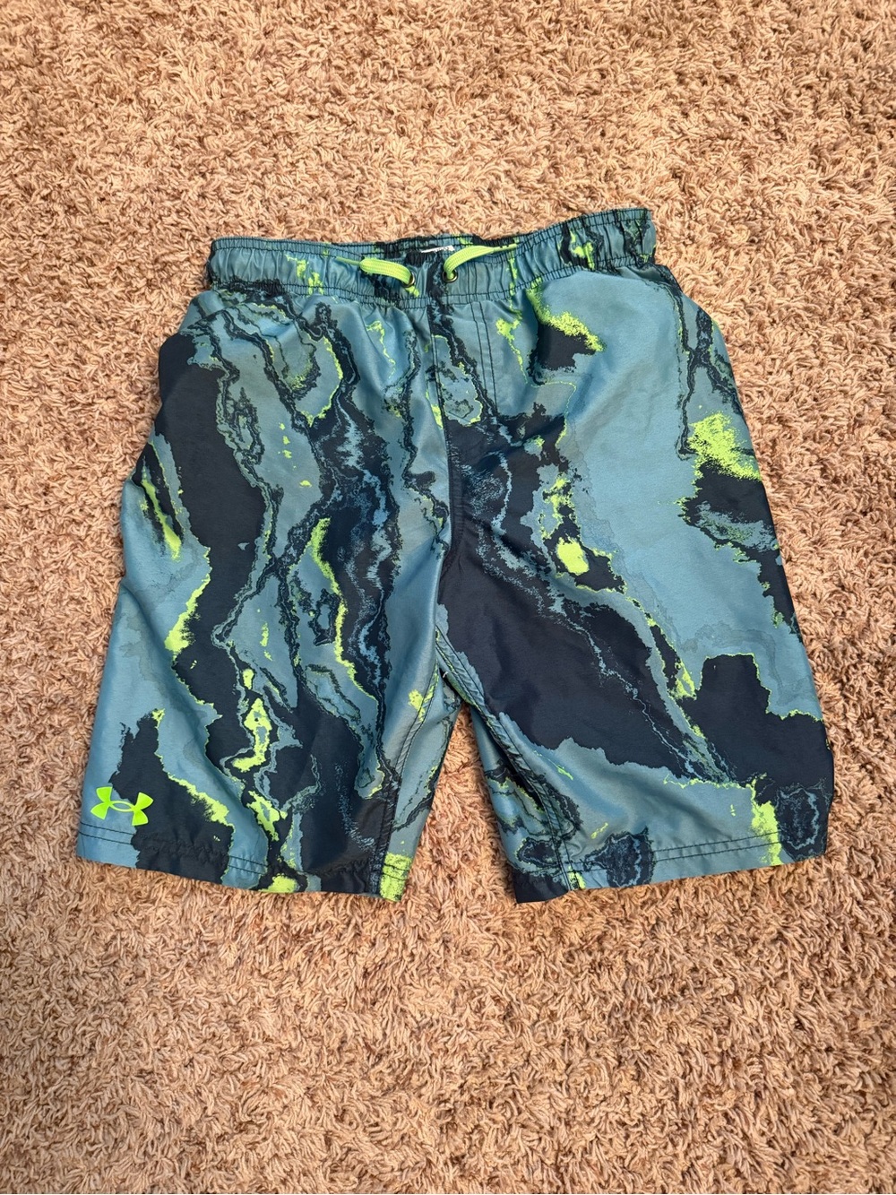 Under Armour Boys Teal & Neon Green Marble Swim Trunks